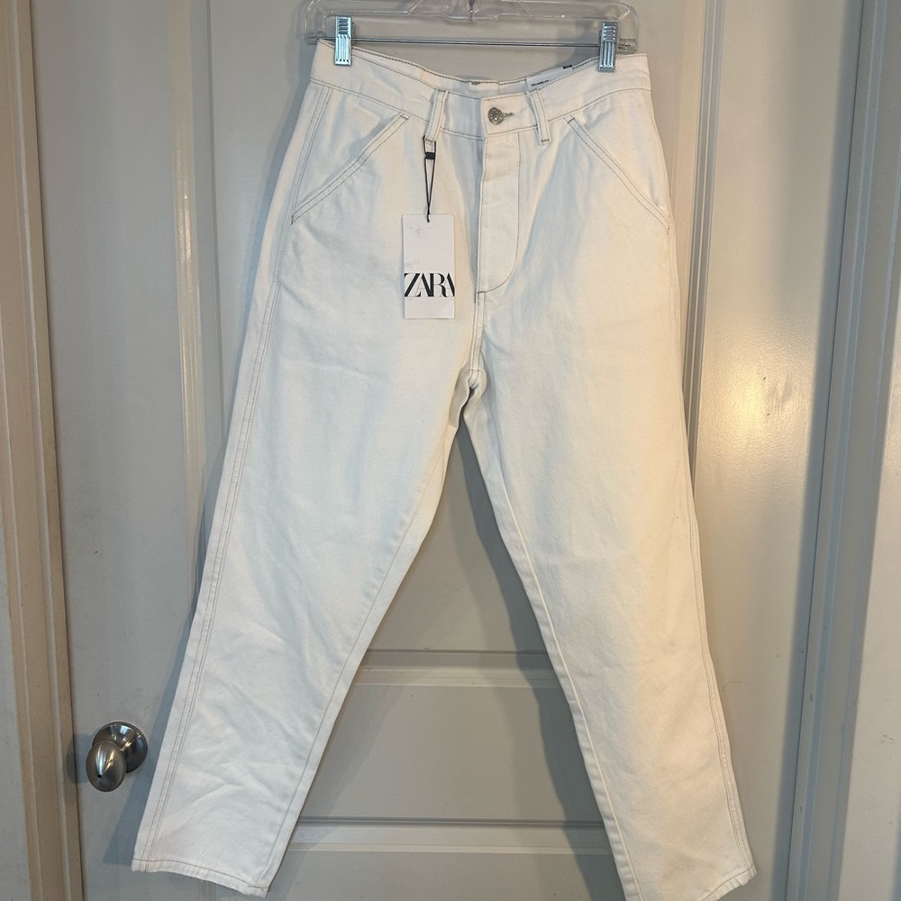 NEW Zara Relaxed Loose Fit High Rise Cream With Brown Piping Jeans, Size 30